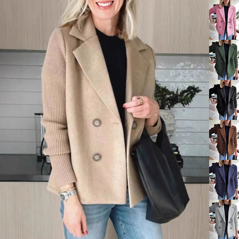 Double Breasted Lapel Jacket Fashion Knitted Sleeves Splicing Design Coat Outerwear Women's Clothing Kamran Fashion