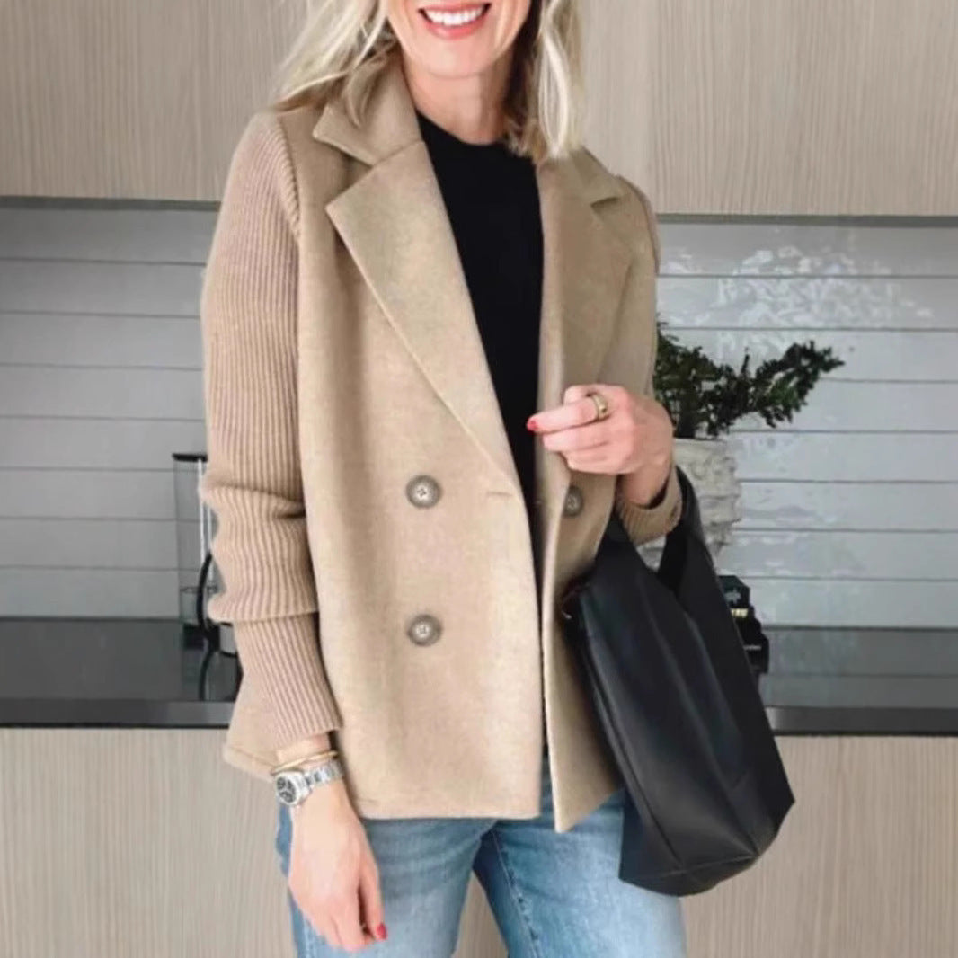 Double Breasted Lapel Jacket Fashion Knitted Sleeves Splicing Design Coat Outerwear Women's Clothing Kamran Fashion