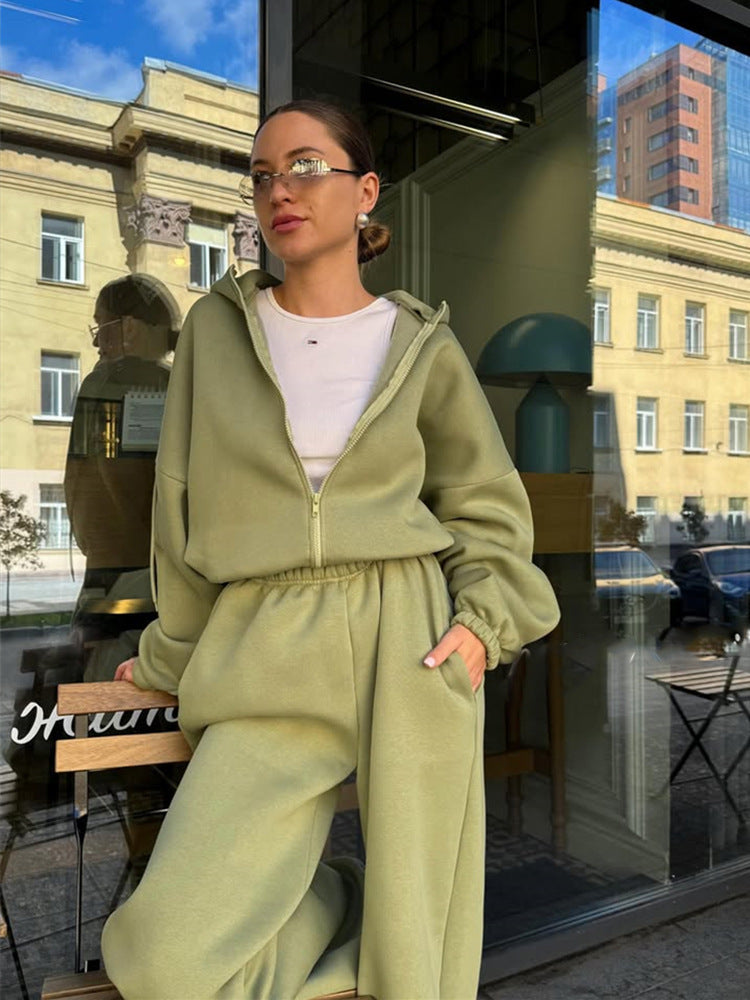 Women's Casual Solid Color Long-sleeved Zipper Sweater Wide-leg Pants Sports Suit Kamran Fashion