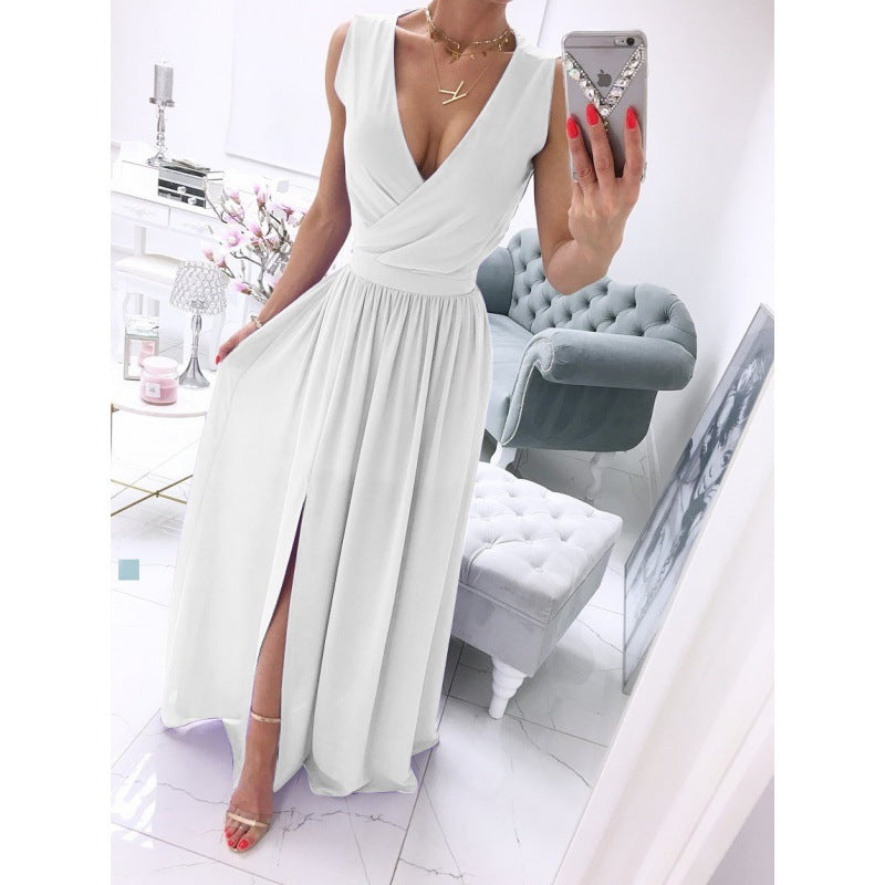 Women's Summer Sleeveless And Ankle Skirt Solid Color V-neck Front Split Long Dress Kamran Fashion