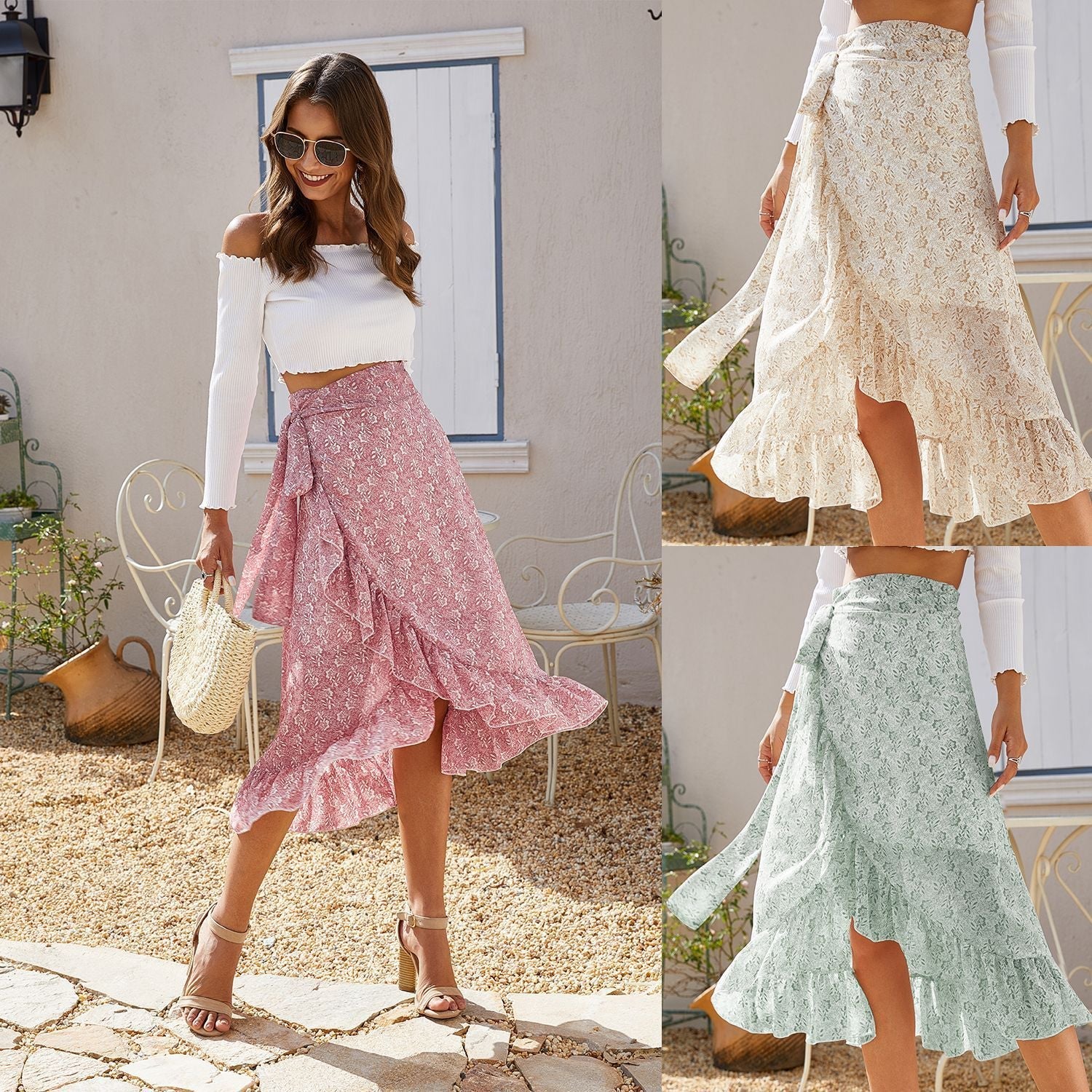 Woman Skirts High Waist Fashion Long Black Knotted Tied Wrap Floral Ruffle Chiffon A-Line Split Skirt Spring Summer Clothes Kamran Fashion