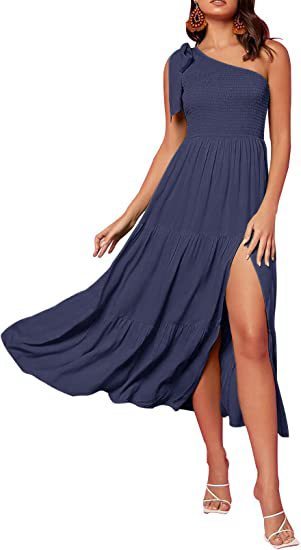 New Summer Fashion Women's One-shoulder Pleated Layered Hem Split Dress Kamran Fashion