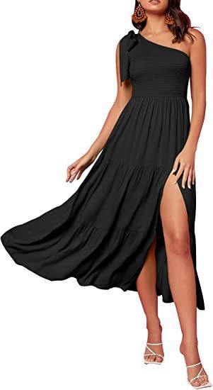 New Summer Fashion Women's One-shoulder Pleated Layered Hem Split Dress Kamran Fashion