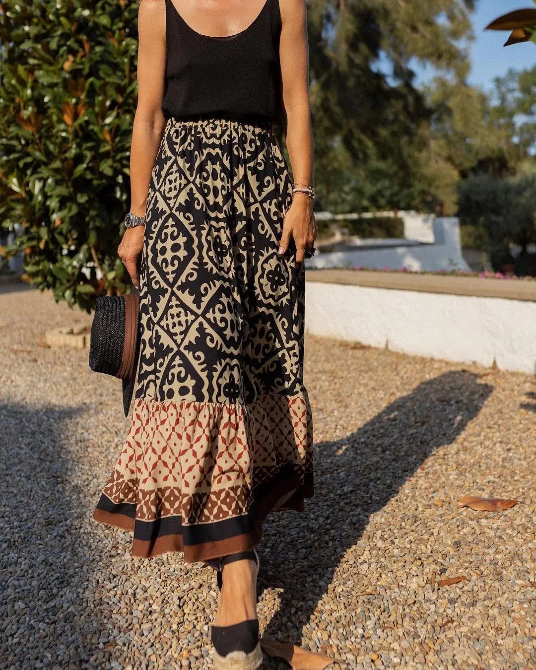 European American Summer New Printed Loose Stitching Large Swing Skirt Kamran Fashion