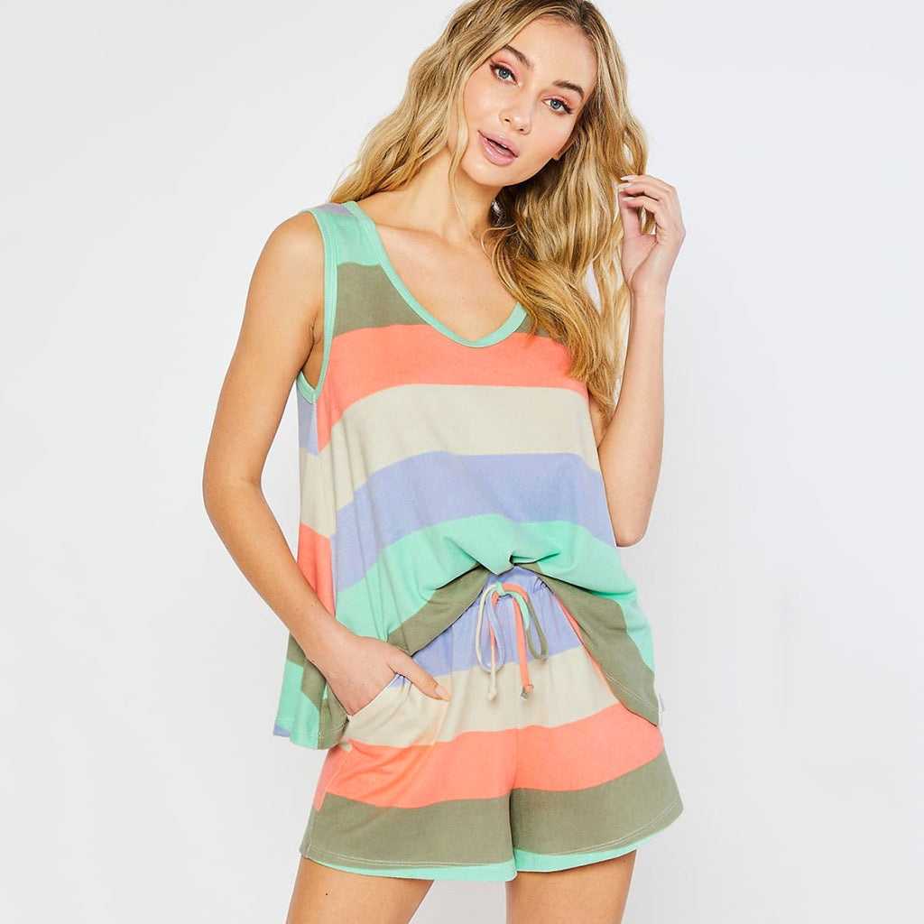 Womens Rainbow Stripes Short Sleeve Pajama Set Night Lounge Top Short Kamran Fashion