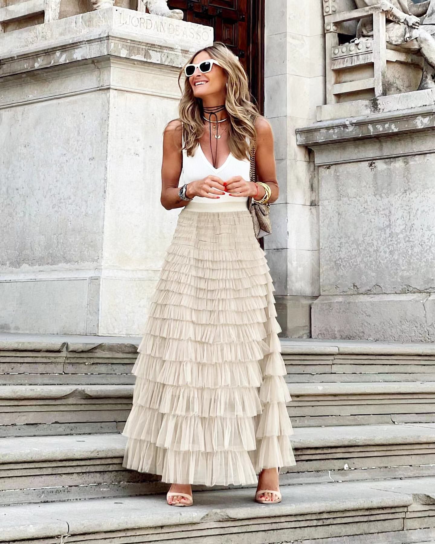 Layered Ruffles Cake Skirt Summer Fashion A Line Swing Mesh Long Skirt Party Dress Women Kamran Fashion