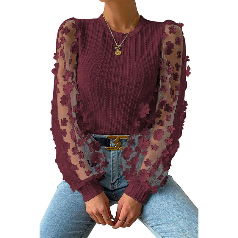 Women's Mesh Small Flower Chiffon Shirt Summer Round Neck Long Sleeve Top Kamran Fashion