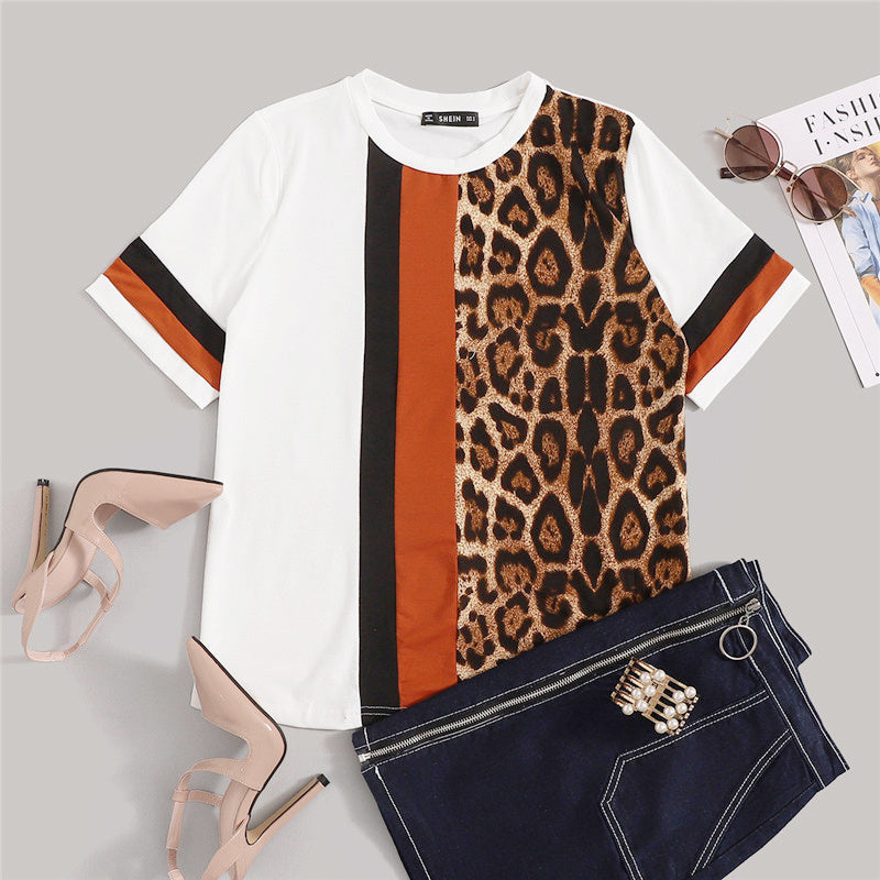 White Color Block Cut-and-Sew Leopard Panel Top Short Sleeve O-Neck Casual T Shirt Women Summer Leisure Tshirt Tops Kamran Fashion