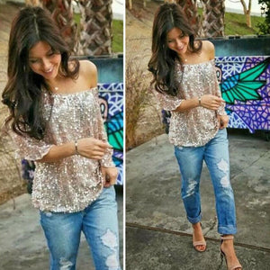 New Fashion Women Sexy Loose Off Shoulder Sequin Glitter Blouses Summer Casual Shirts Vintage Streetwear Party Tops Kamran Fashion