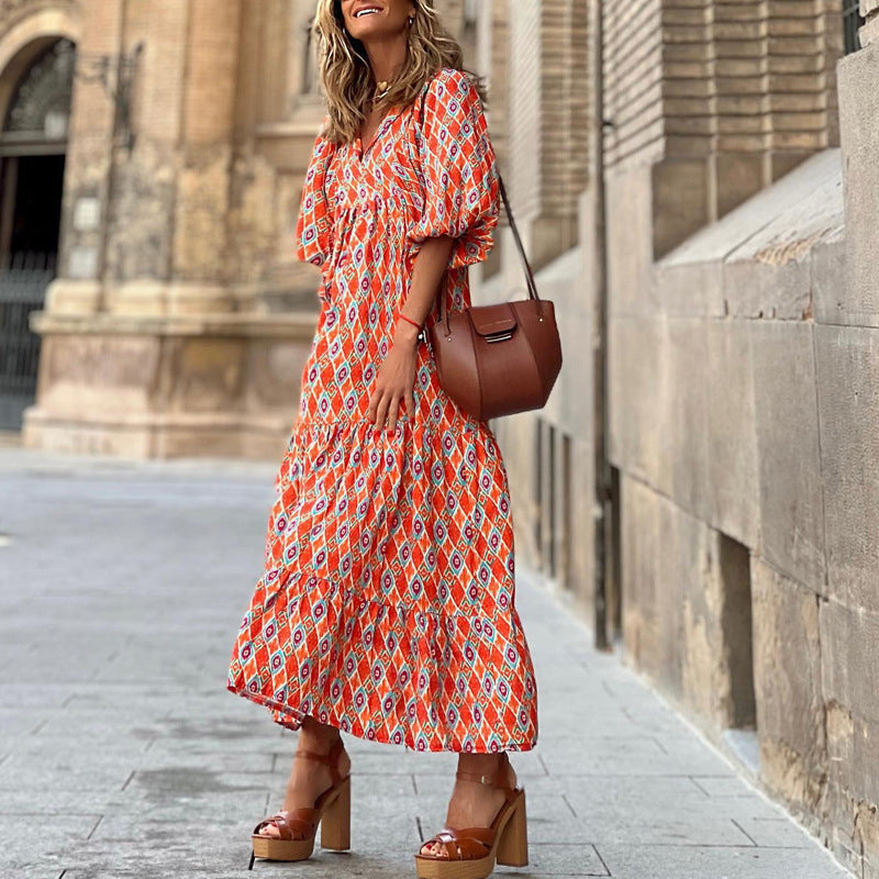 Summer Women's Vintage Printed Bohemian Dress Elegant Ladies Casual Loose V-Neck Short Sleeve Long Dresses Kamran Fashion