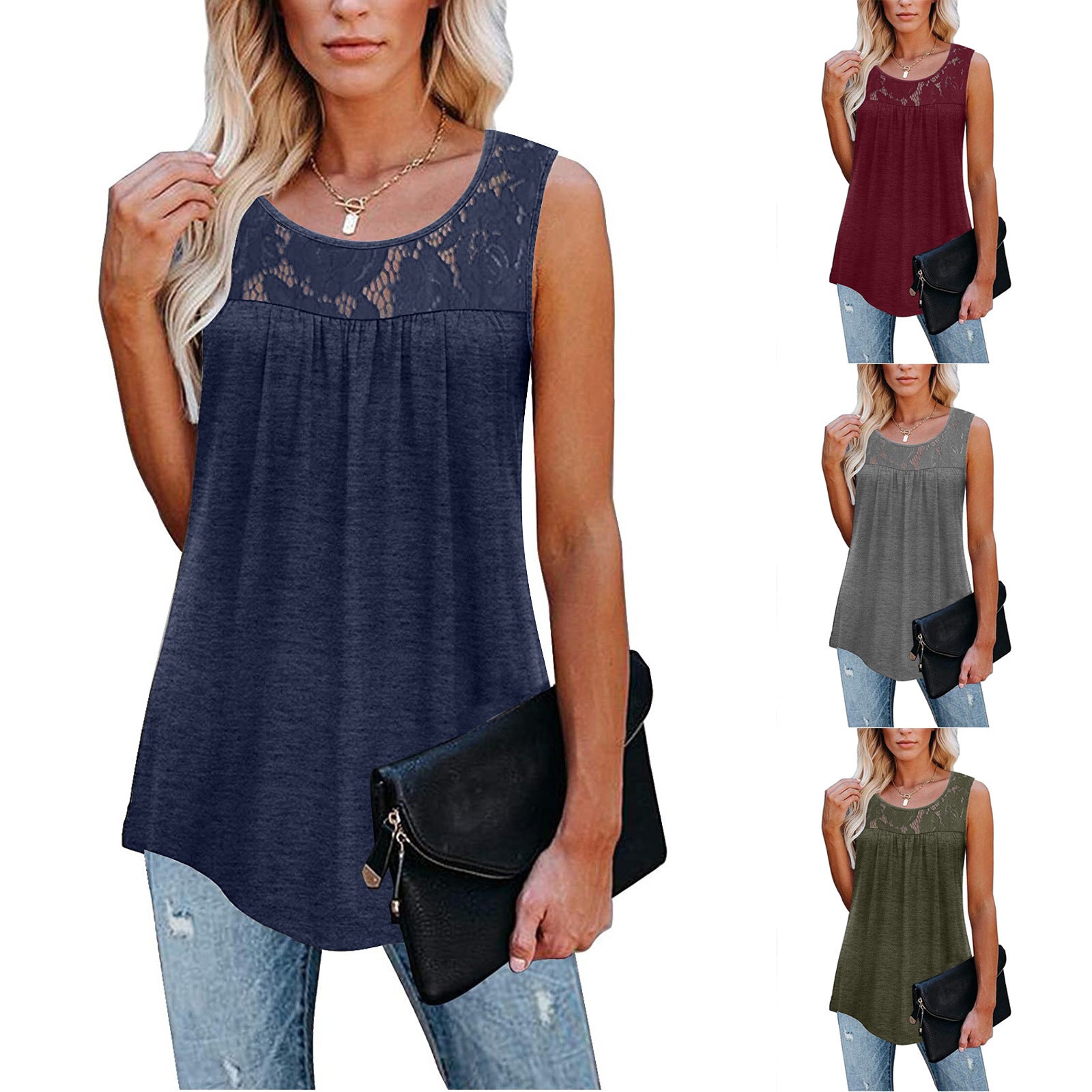 Plus Size 5XL Sexy Lace Tops Summer Women Loose O-Neck Tank Tops Kamran Fashion