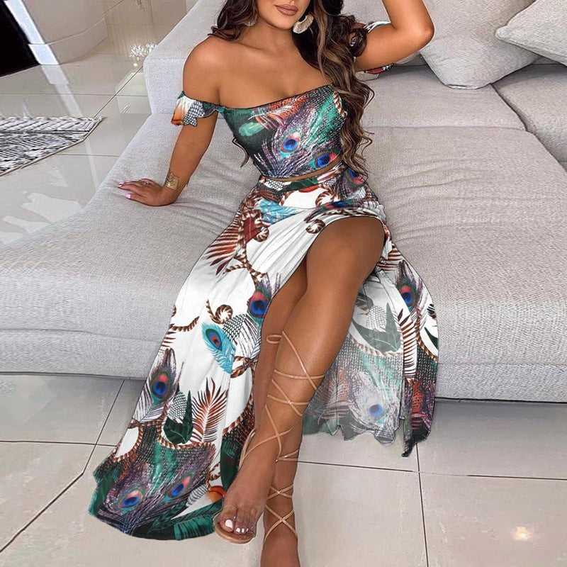 Summer Slim French Bohemian Print Mid-Length Retro Tube Top Suit Dress Women Kamran Fashion