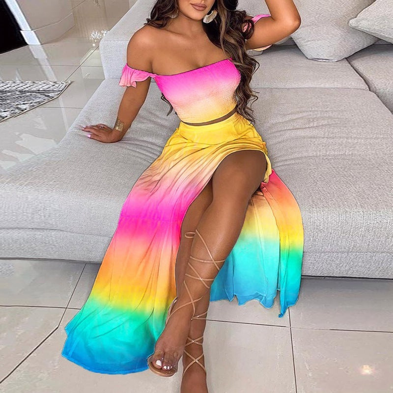 Summer Slim French Bohemian Print Mid-Length Retro Tube Top Suit Dress Women Kamran Fashion