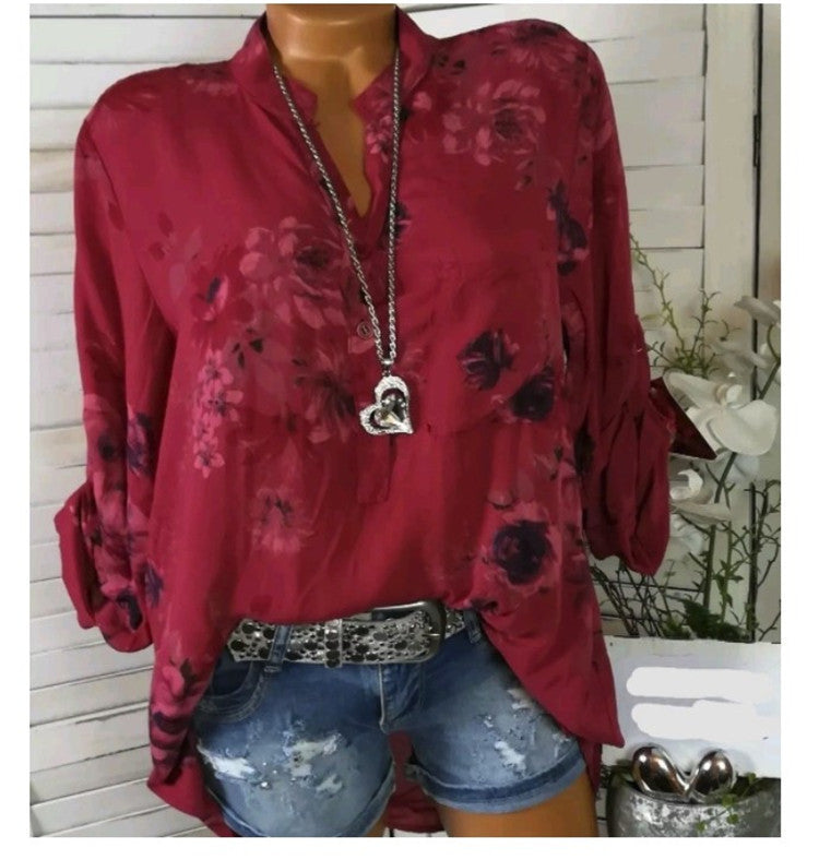 5XL Plus Size Summer Tops Women Blouses Long Sleeve Print Stand Collar Button Blouse Pullover Womens Clothing Shirt Blusa Kamran Fashion