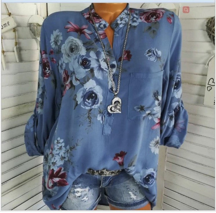 5XL Plus Size Summer Tops Women Blouses Long Sleeve Print Stand Collar Button Blouse Pullover Womens Clothing Shirt Blusa Kamran Fashion