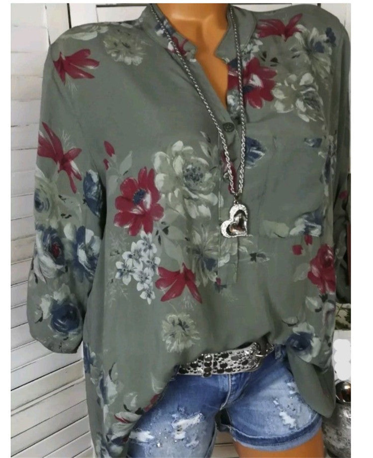 5XL Plus Size Summer Tops Women Blouses Long Sleeve Print Stand Collar Button Blouse Pullover Womens Clothing Shirt Blusa Kamran Fashion