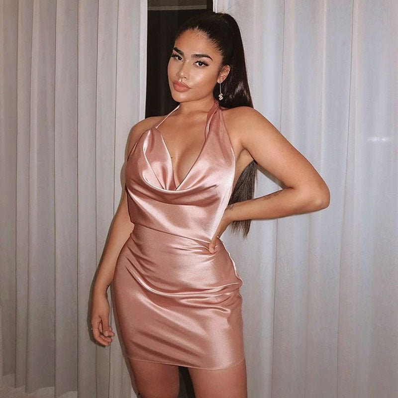 Satin Party Dress V Neck Backless Mini Sleeveless Summer Party Dress Kamran Fashion