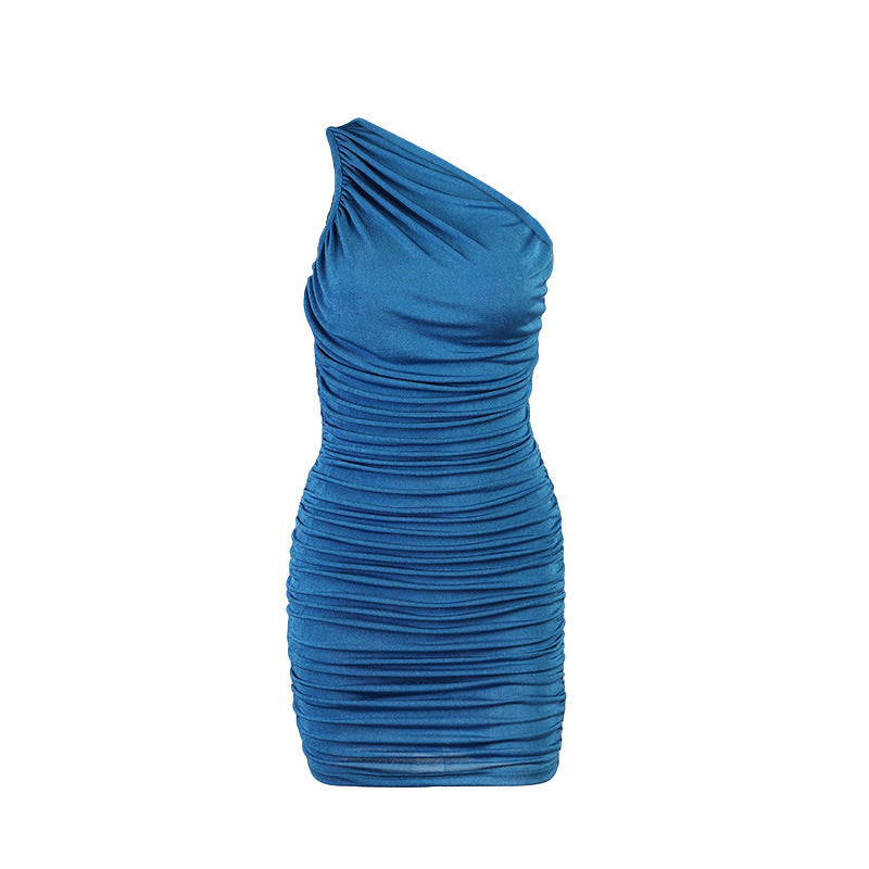 Mini Dress Short Ruched Bodycon Orange Sexy Blue One-Shoulder Women Sleeveless Summer Kamran Fashion