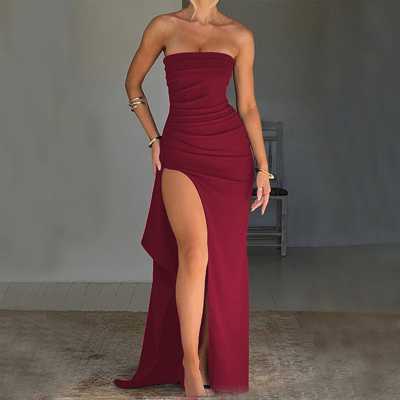 Strapless Split Long Dress Summer Fashion Pleated Bridesmaid Dress For Womens Party Wedding Clothing Kamran Fashion