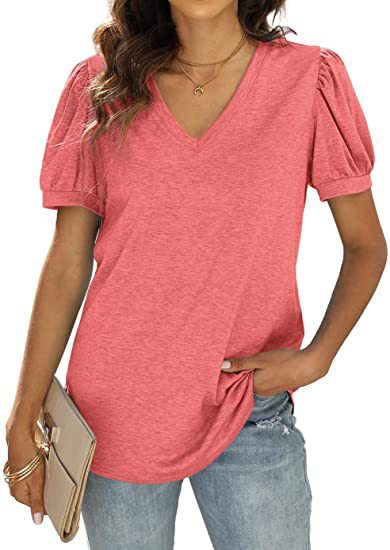 European And American Summer Casual V-neck Solid Color Puff Sleeve Loose T-shirt For Women Kamran Fashion