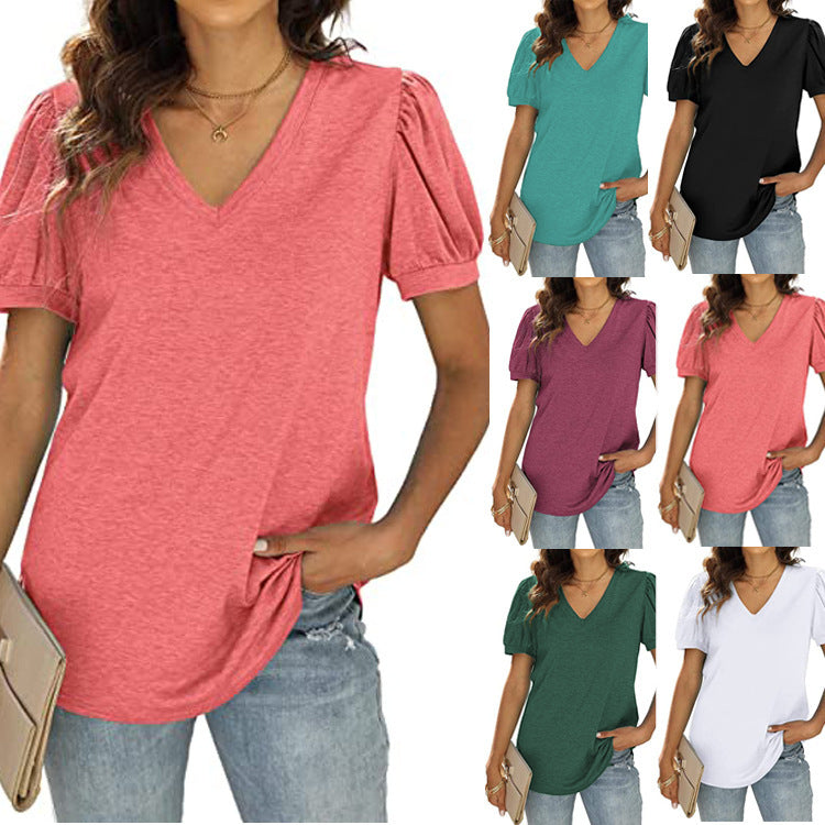 European And American Summer Casual V-neck Solid Color Puff Sleeve Loose T-shirt For Women Kamran Fashion