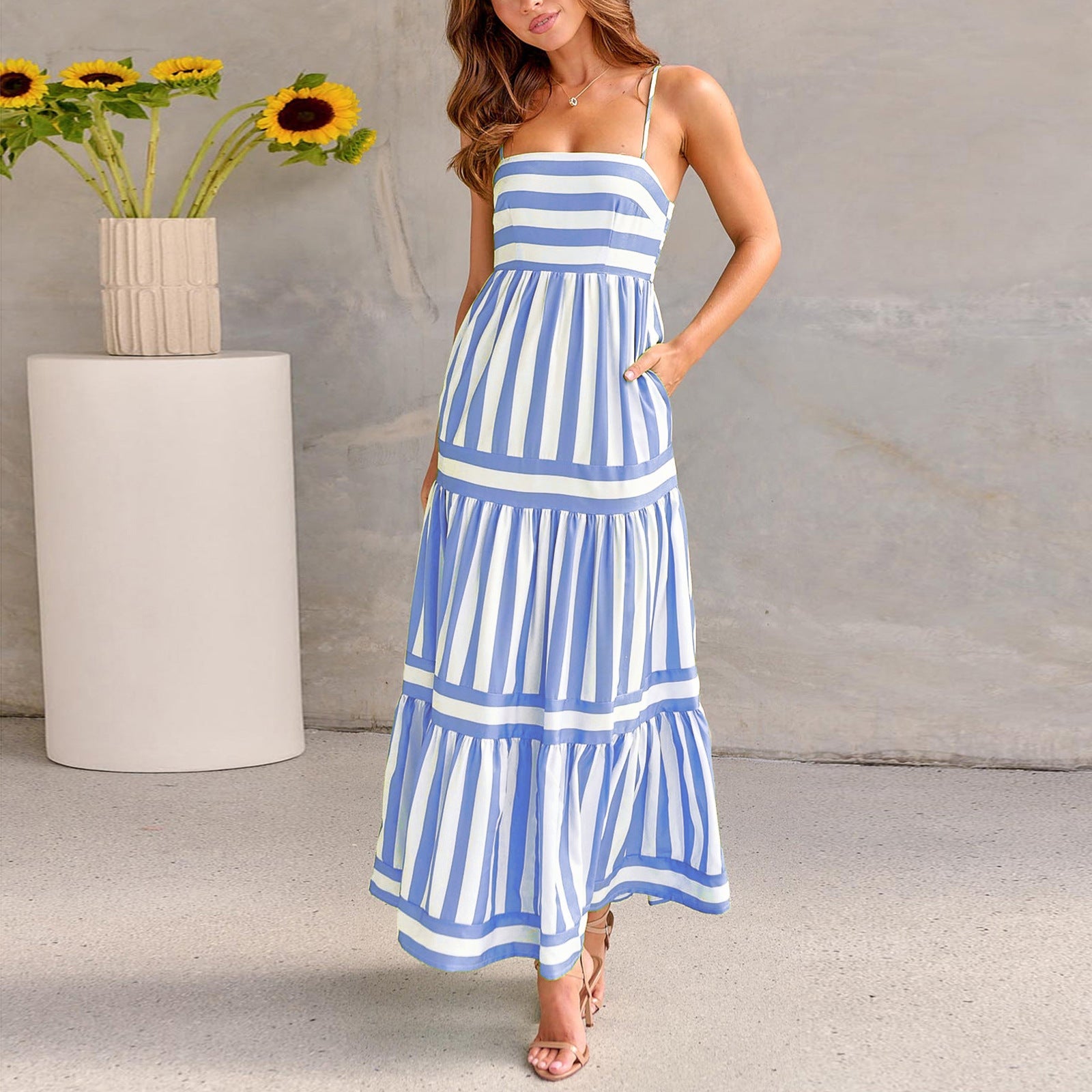 Summer Striped Printed Suspender Long Dress With Pockets Fashion Square Neck Backless Dresses For Beach Vacation Women Clothing Kamran Fashion