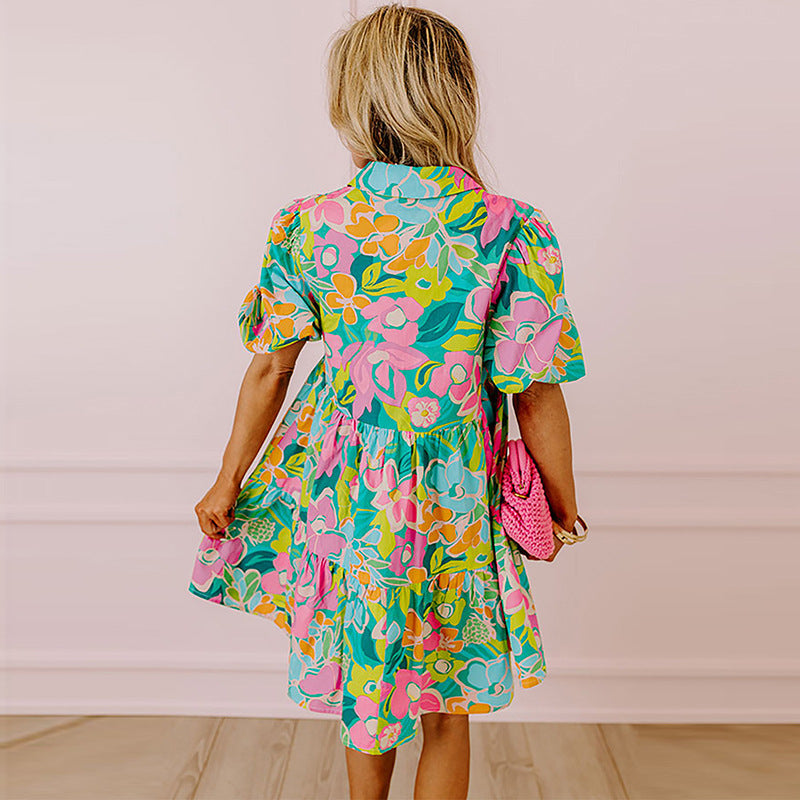 Summer Floral Print Puff Sleeve Dress Kamran Fashion
