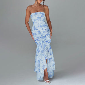Summer Printed Tube Top Ruffled Slit Dress Kamran Fashion