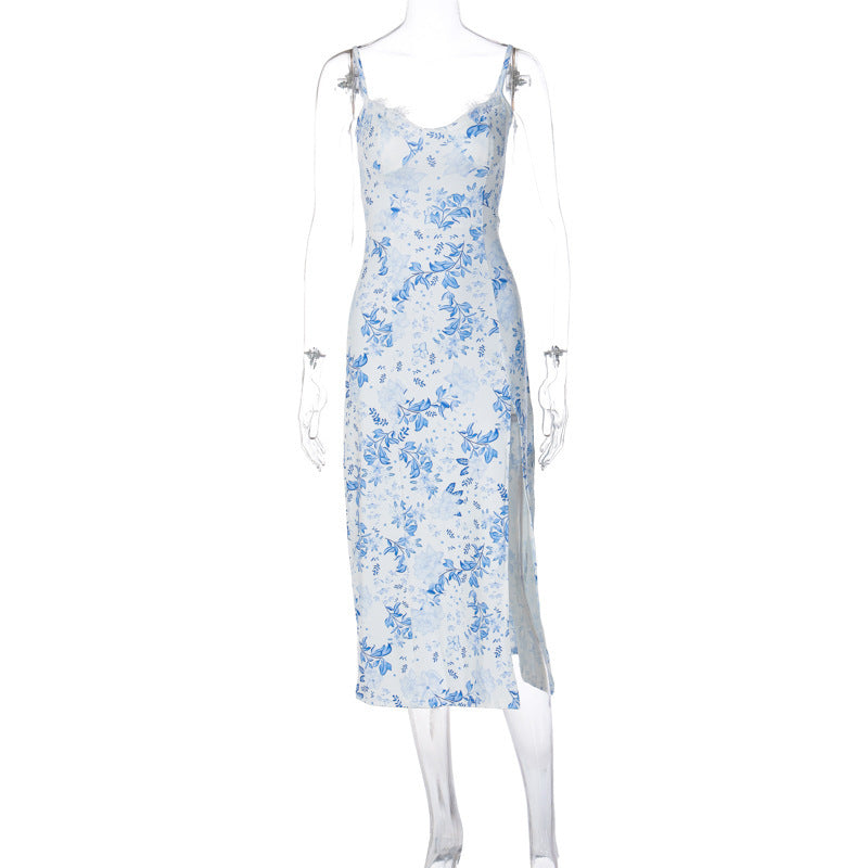Lace Flowers Print Long Dress Sexy Fashion Slit Suspender Dress Summer Womens Clothing Kamran Fashion