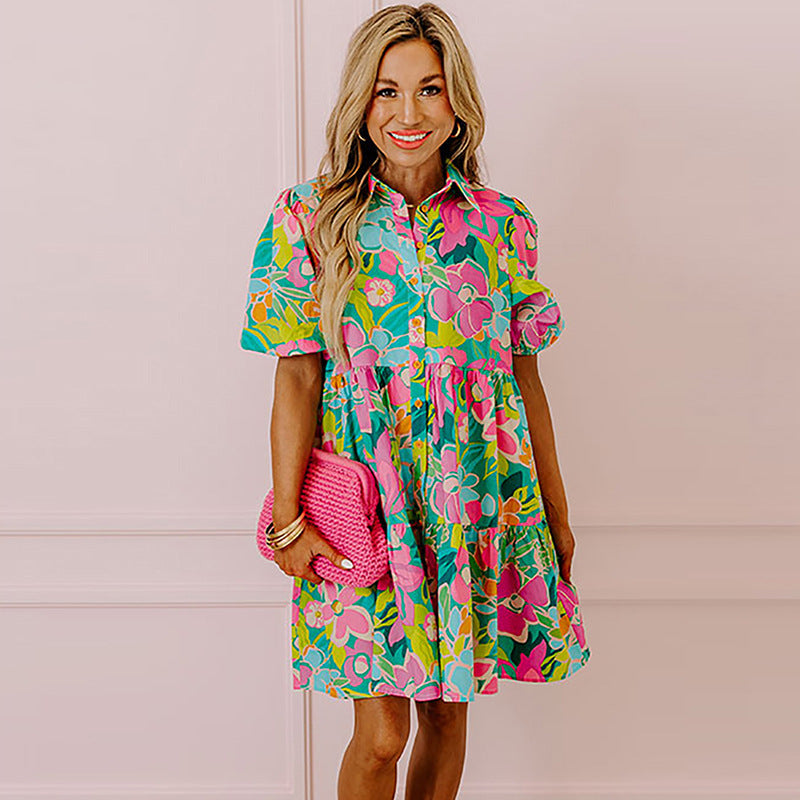 Summer Floral Print Puff Sleeve Dress Kamran Fashion