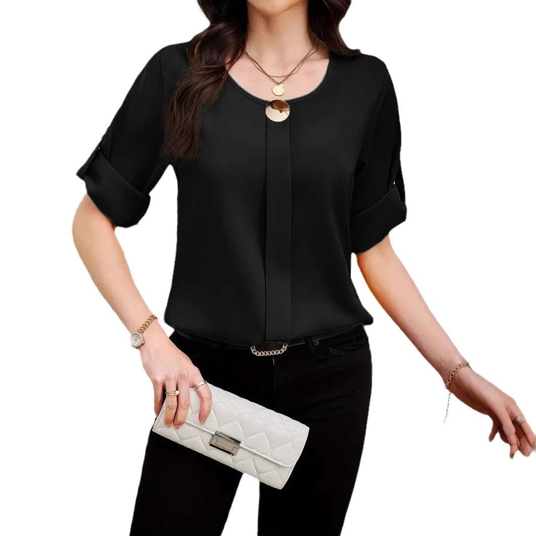 Business All-match Work Clothes Round Neck Roll Sleeve Simple Kamran Fashion