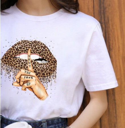 Leopard Print Love Lip Print Fashion Western Style Summer Ladies Print Short-sleeved T-shirt Top Kamran Fashion