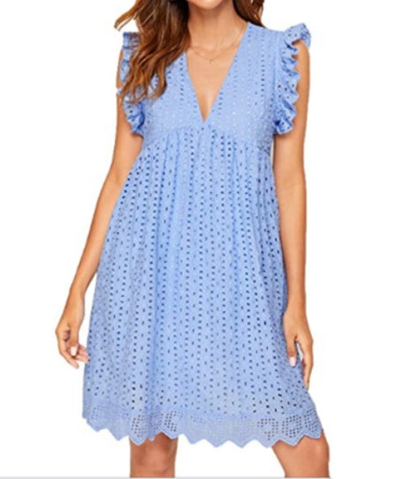 Lace Dresses With Pocket Summer Sleeveless Jacquard Cutout V-Neck Beach Dress Kamran Fashion