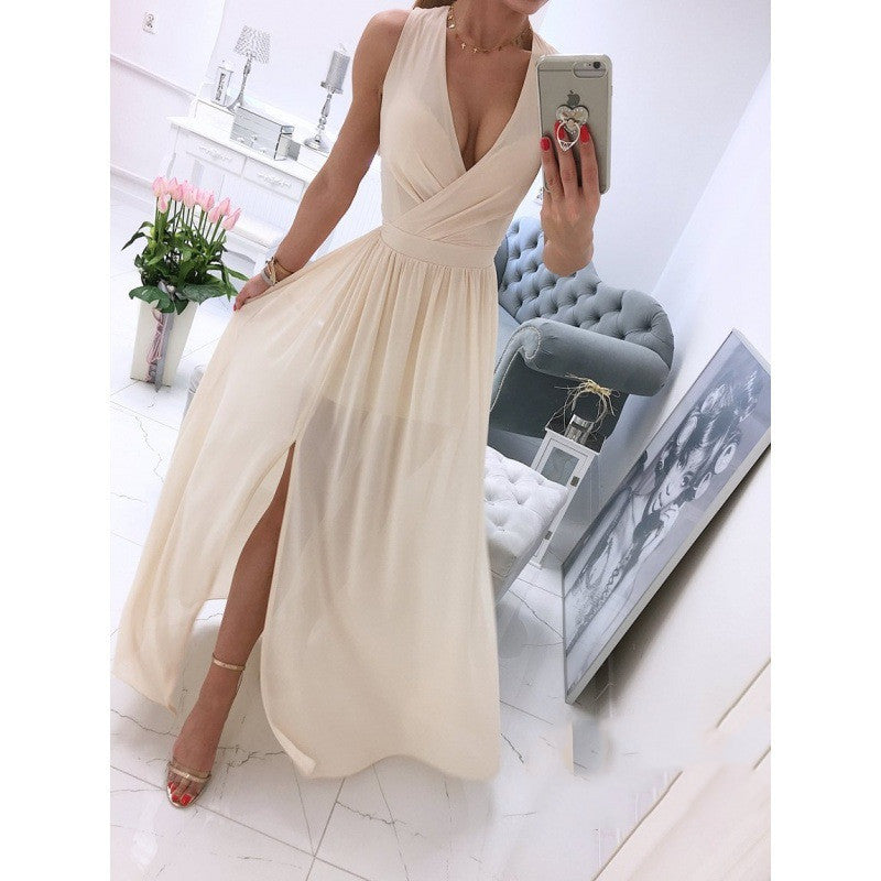 Women's Summer Sleeveless And Ankle Skirt Solid Color V-neck Front Split Long Dress Kamran Fashion