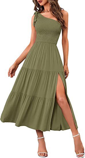 New Summer Fashion Women's One-shoulder Pleated Layered Hem Split Dress Kamran Fashion