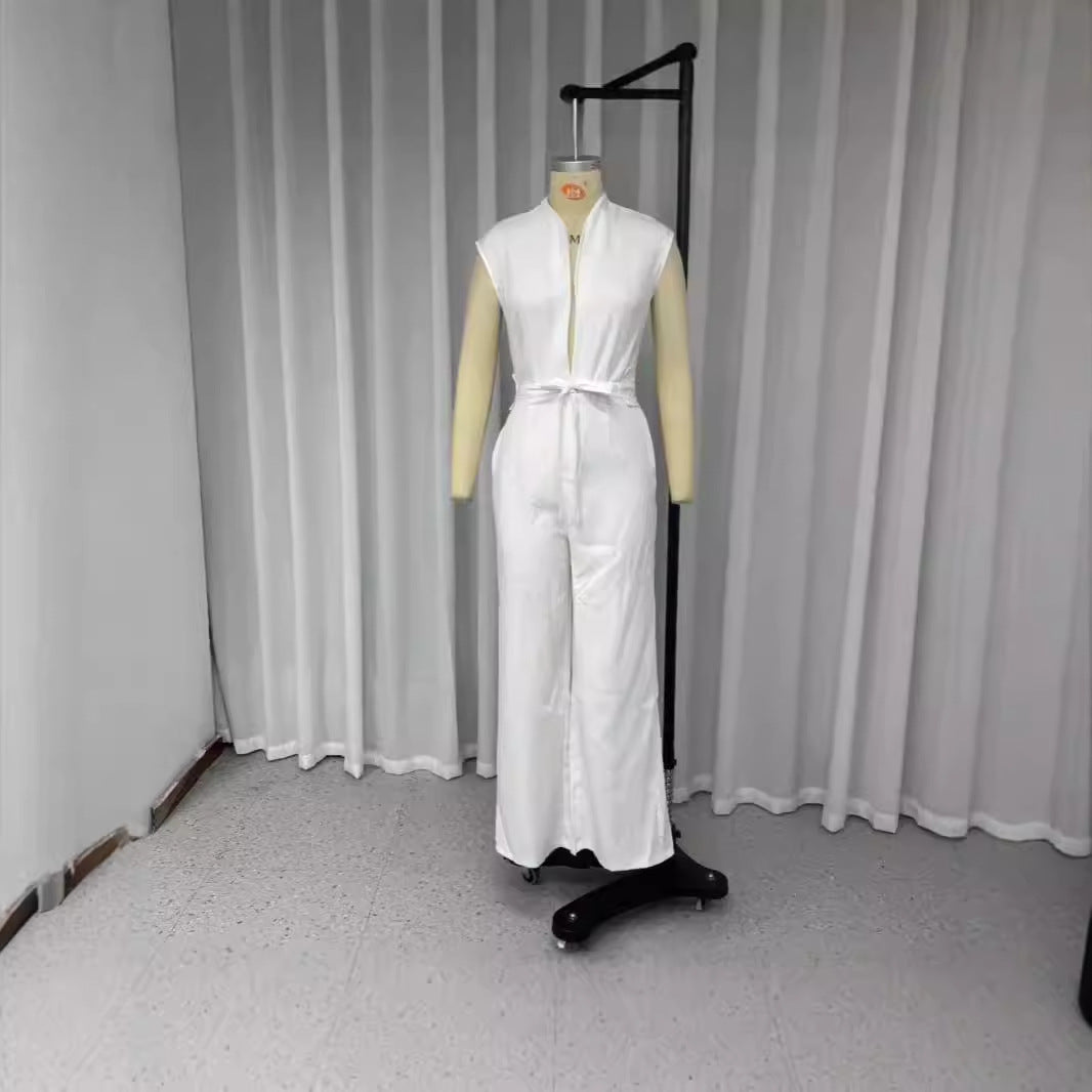 Solid Color Low Neck Sleeveless Tight Jumpsuit Kamran Fashion