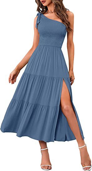 New Summer Fashion Women's One-shoulder Pleated Layered Hem Split Dress Kamran Fashion