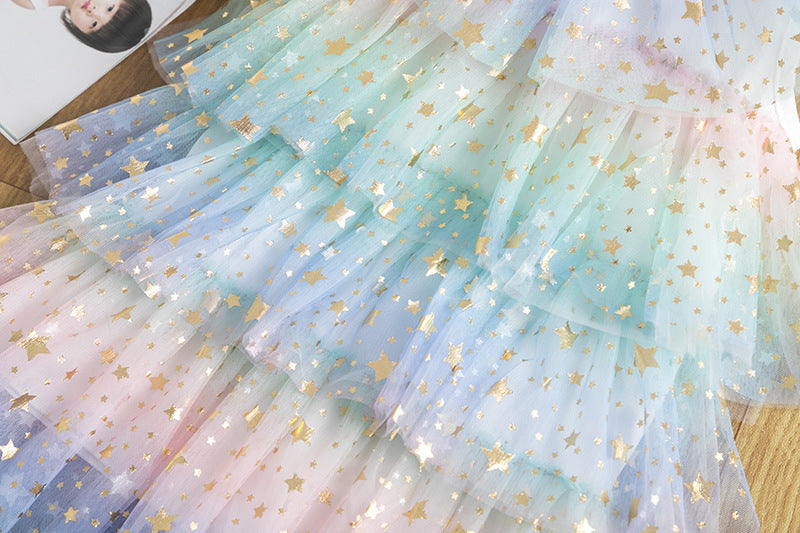 Girls Summer Rainbow Star Net Yarn Kids Princess Cake Dress Kamran Fashion
