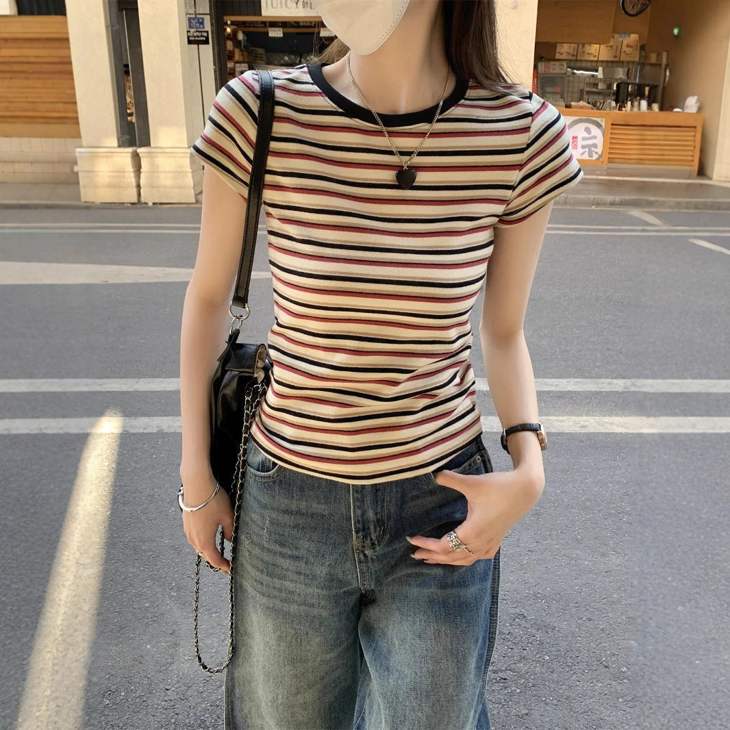 Contrast Color Striped Round Neck Short Sleeve Women's Shoulder Top Kamran Fashion