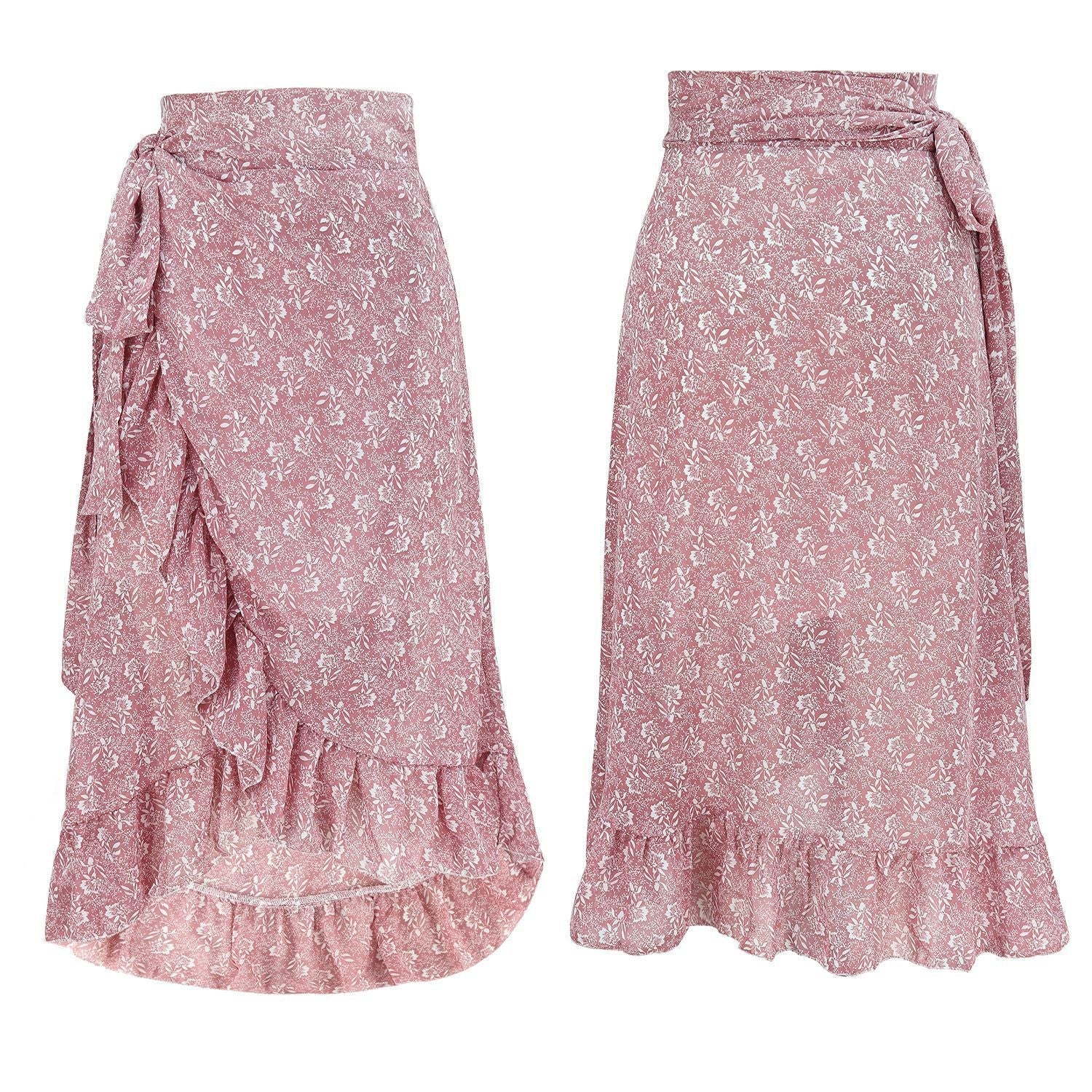 Woman Skirts High Waist Fashion Long Black Knotted Tied Wrap Floral Ruffle Chiffon A-Line Split Skirt Spring Summer Clothes Kamran Fashion