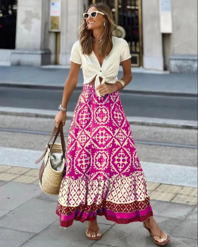 European American Summer New Printed Loose Stitching Large Swing Skirt Kamran Fashion