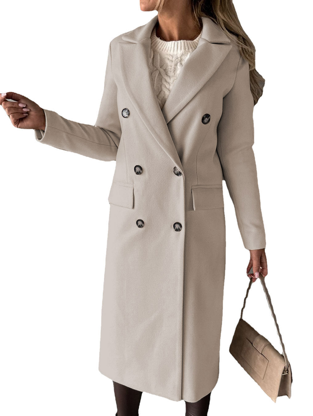 Double Breasted Lapel Coat Winter Fashion Solid Slim Long Jacket Long Sleeve Tops Womens Clothing Kamran Fashion