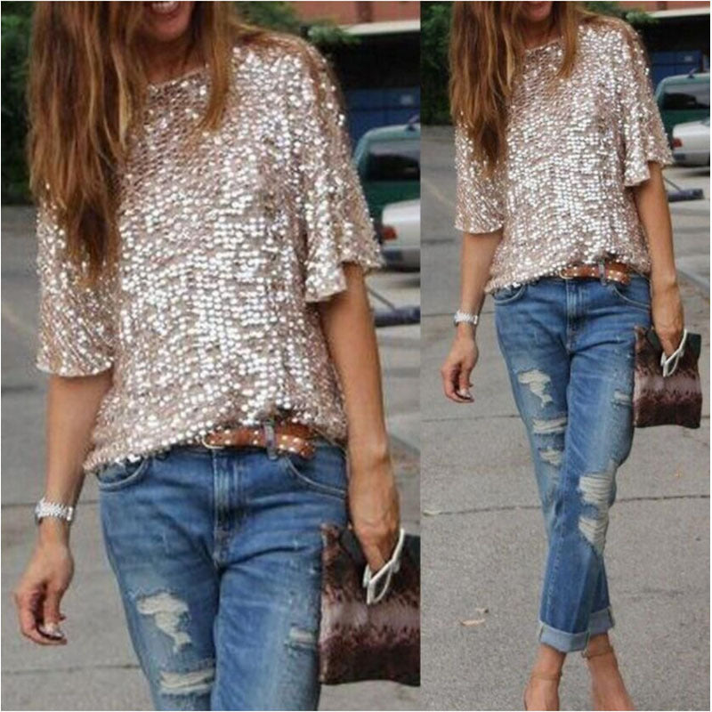 New Fashion Women Sexy Loose Off Shoulder Sequin Glitter Blouses Summer Casual Shirts Vintage Streetwear Party Tops Kamran Fashion
