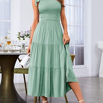 New Summer Fashion Women's One-shoulder Pleated Layered Hem Split Dress Kamran Fashion