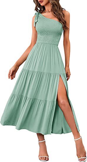 New Summer Fashion Women's One-shoulder Pleated Layered Hem Split Dress Kamran Fashion