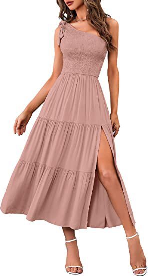 New Summer Fashion Women's One-shoulder Pleated Layered Hem Split Dress Kamran Fashion