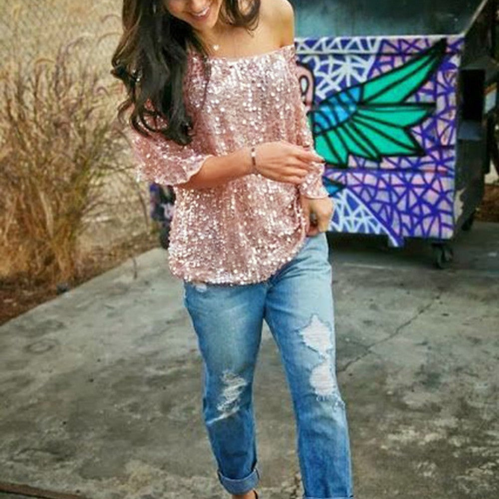 New Fashion Women Sexy Loose Off Shoulder Sequin Glitter Blouses Summer Casual Shirts Vintage Streetwear Party Tops Kamran Fashion