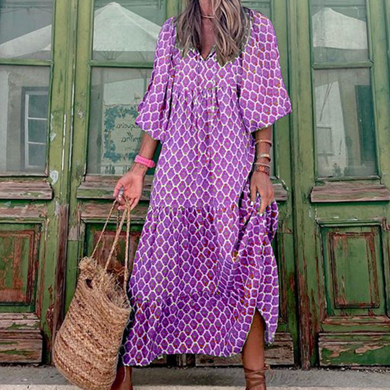 Summer Women's Vintage Printed Bohemian Dress Elegant Ladies Casual Loose V-Neck Short Sleeve Long Dresses Kamran Fashion