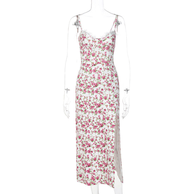 Lace Flowers Print Long Dress Sexy Fashion Slit Suspender Dress Summer Womens Clothing Kamran Fashion