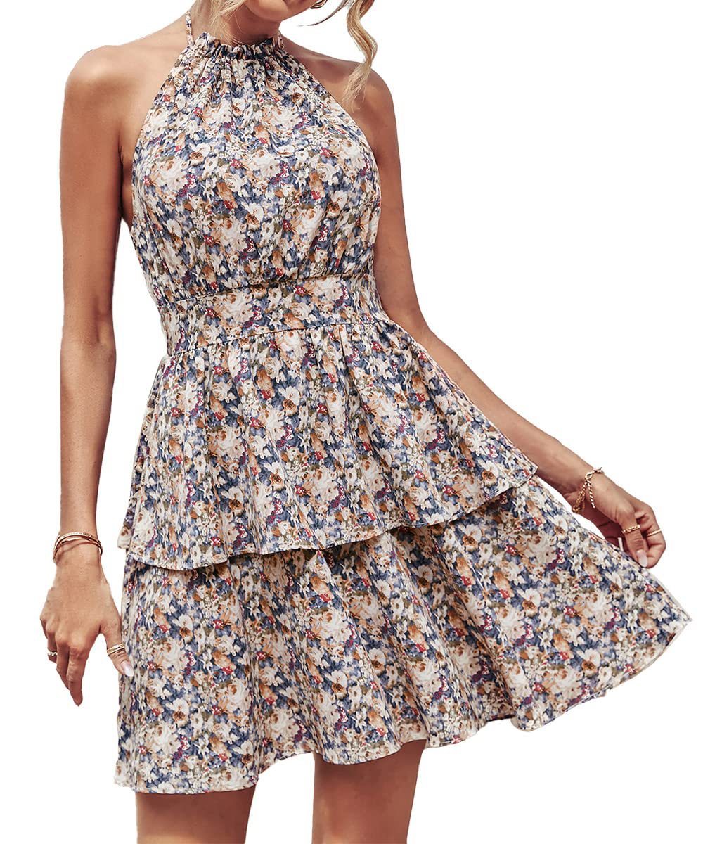Summer Printed Halter Dress Fashion Boho Backless Ruffled A-Line Beach Dresses For Womens Clothing Kamran Fashion